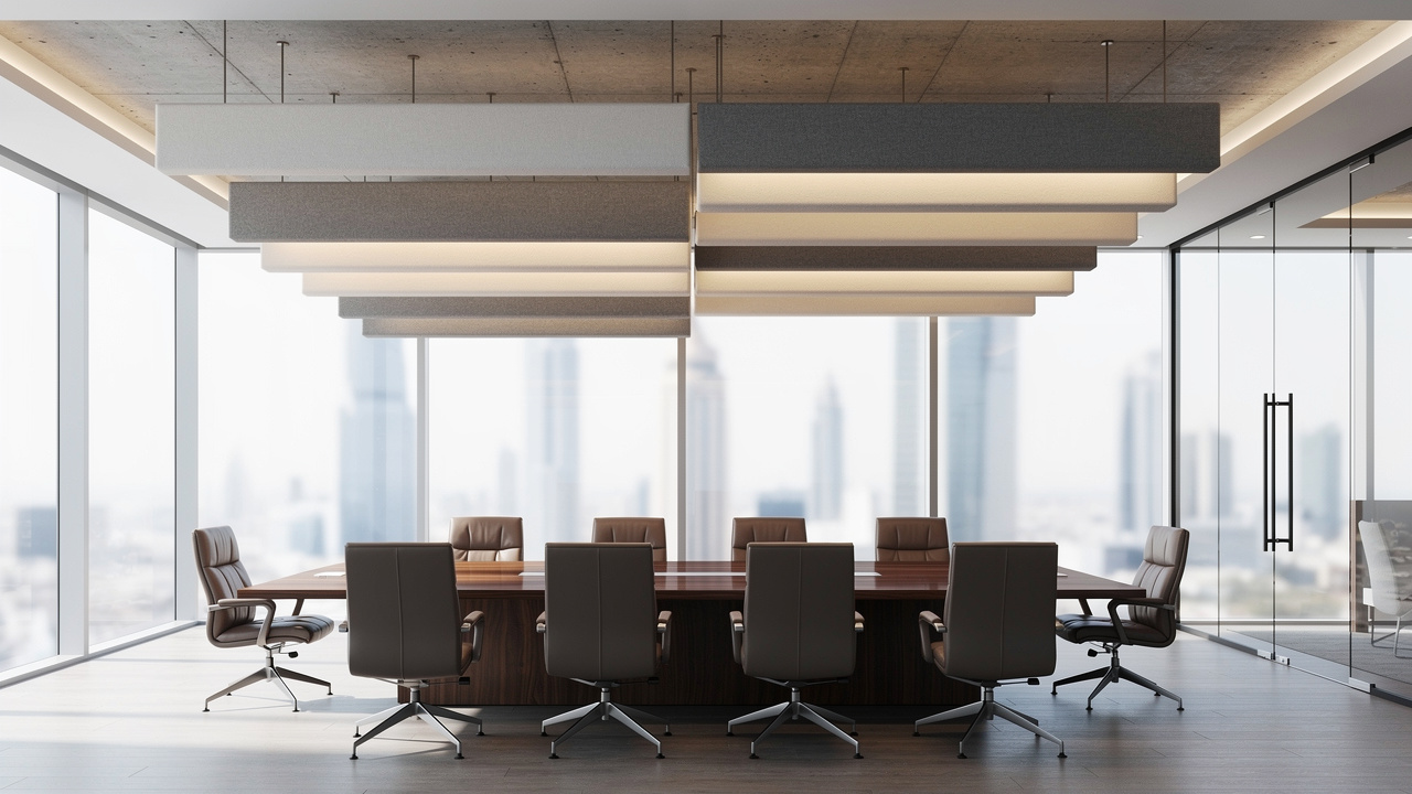 PET acoustic ceiling baffles in a Dubai corporate meeting room