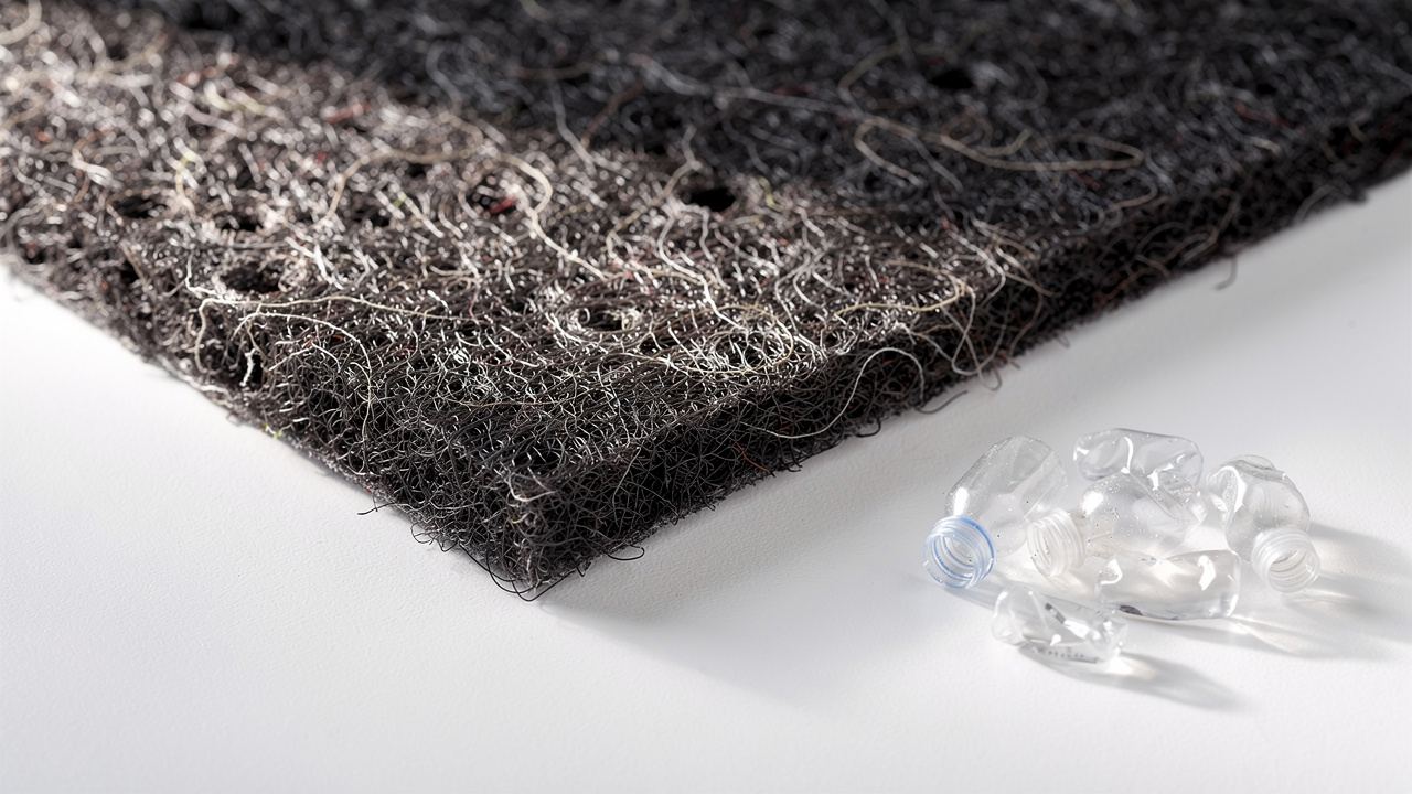 Close-up of dense PET acoustic panel fiber texture from recycled bottles