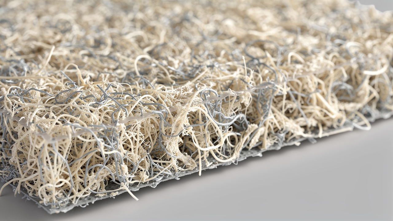 Close-up texture of recycled PET acoustic panel fiber surface