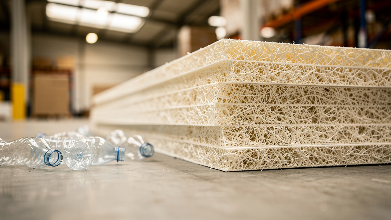 Close-up of recycled PET acoustic panel fiber texture and cross-section