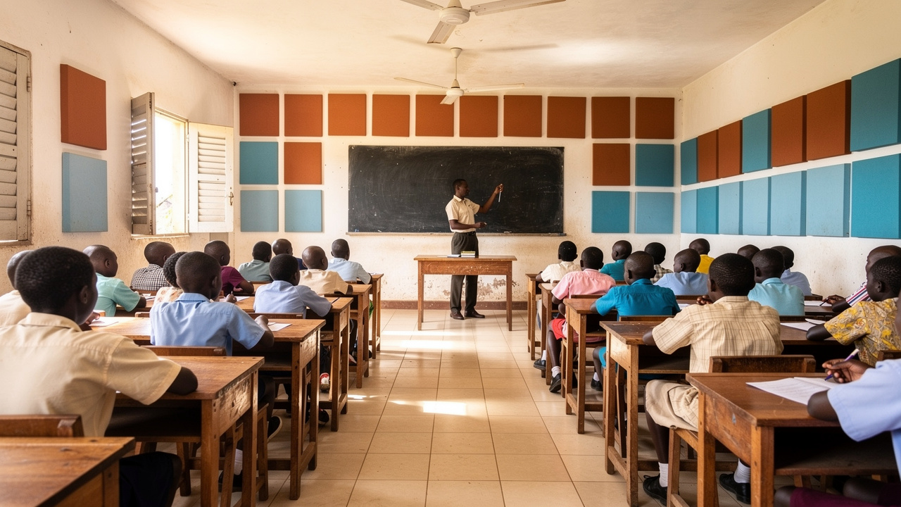 African school classroom with colorful PET acoustic panels on walls