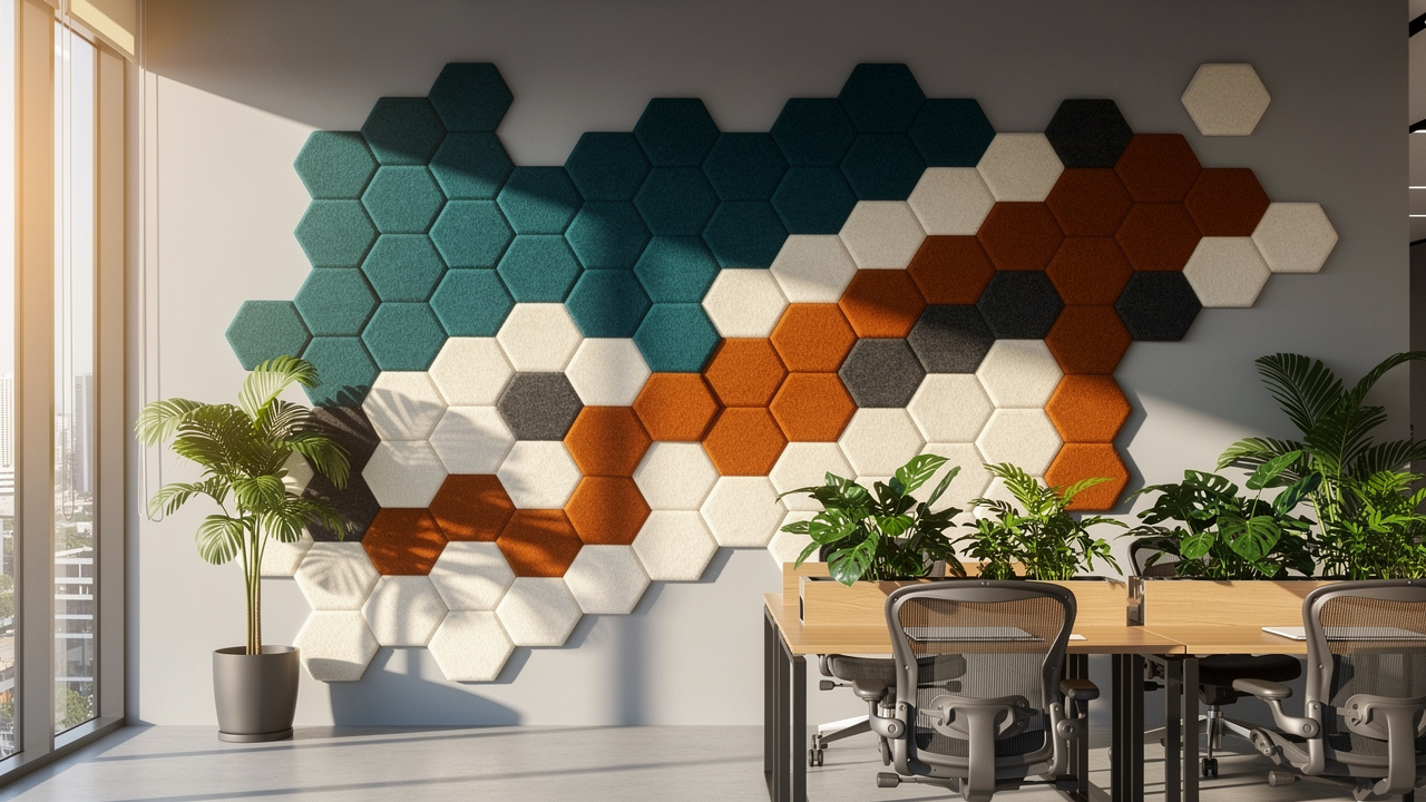 Colorful hexagonal PET acoustic panels forming a feature wall in Dubai office