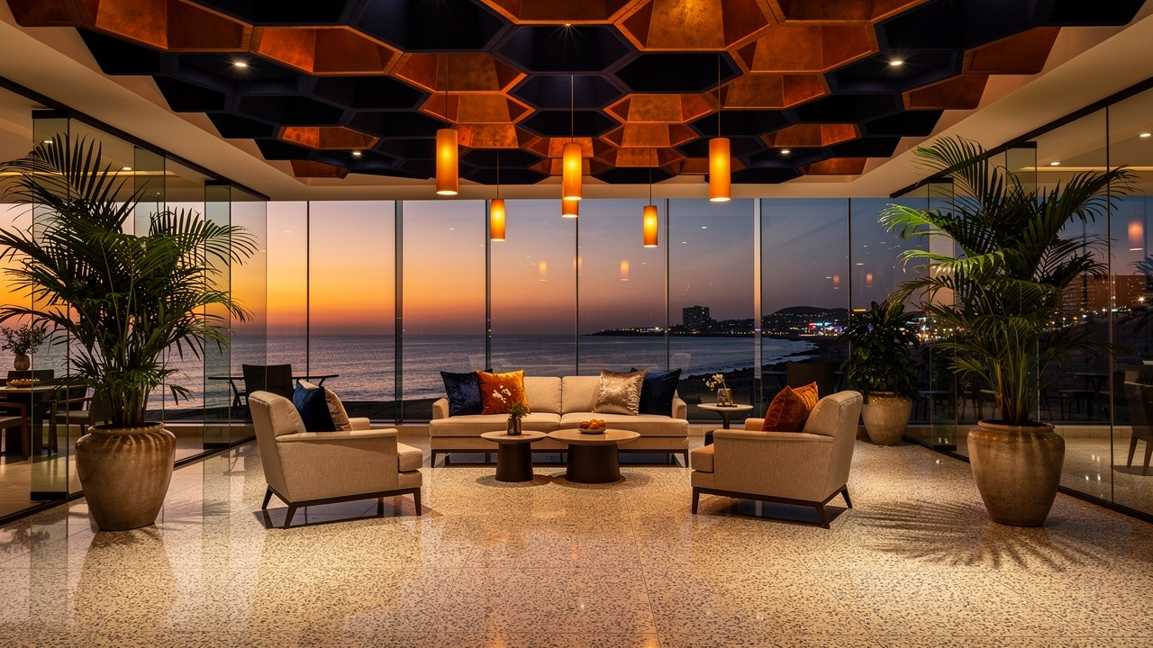 Custom PET acoustic panel ceiling installation in a luxury African hotel lobby