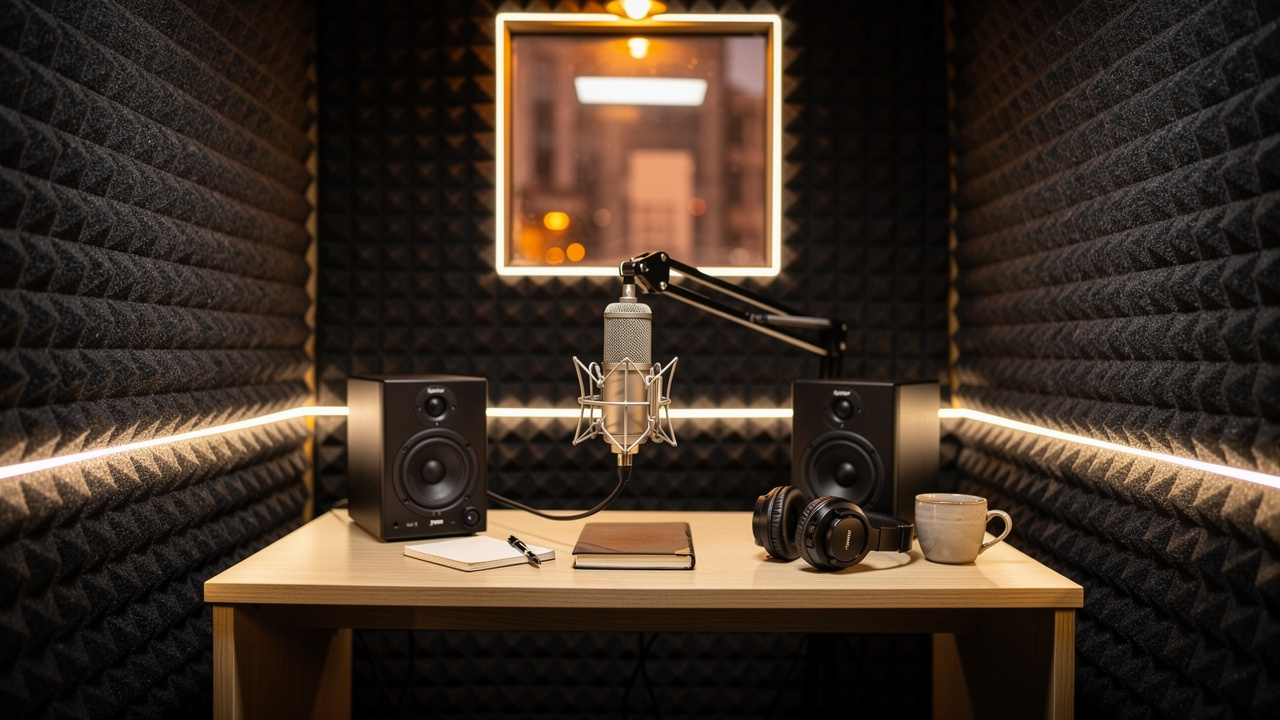 Small Nairobi podcast studio lined with dark PET acoustic panels