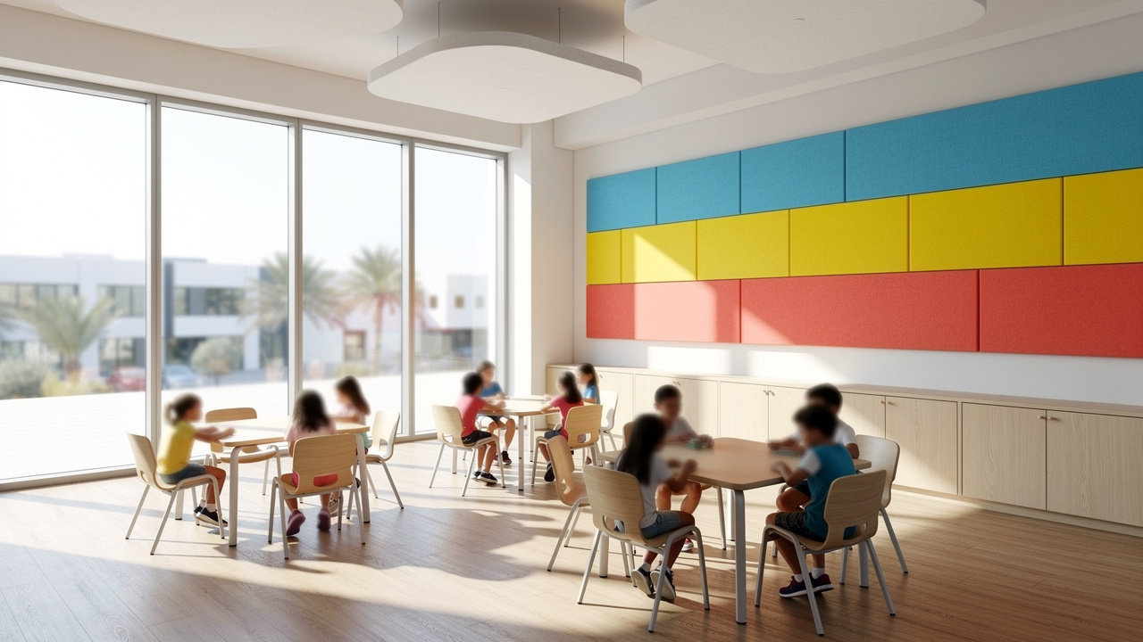 Colorful PET acoustic panels in UAE school classroom setting