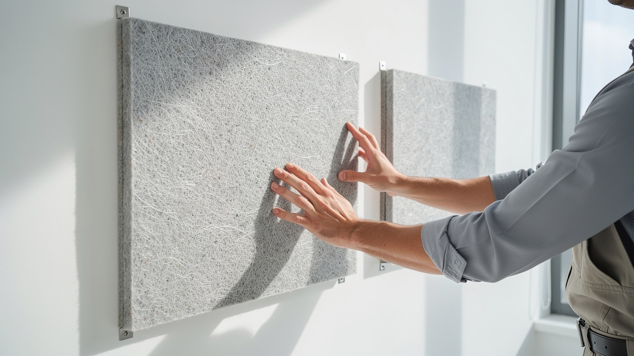 Technician mounting PET fiber acoustic panel on office wall