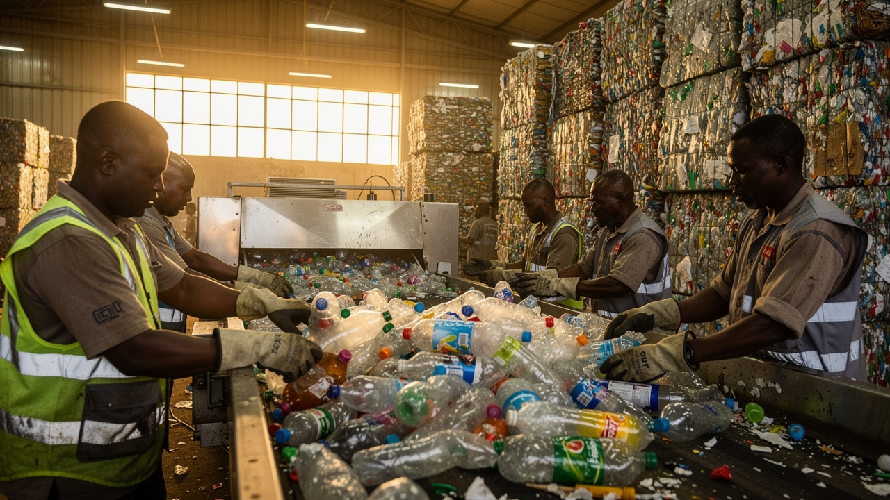 Workers sorting plastic bottles at African recycling facility