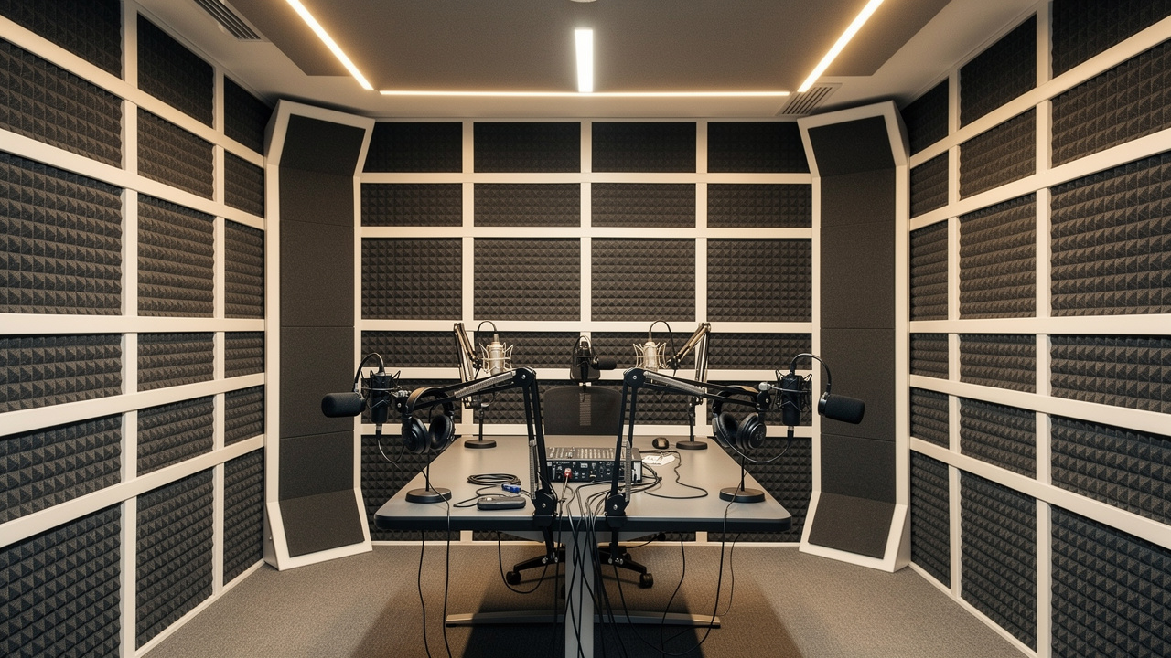 Professional podcast studio with PVC-mounted acoustic wall panels