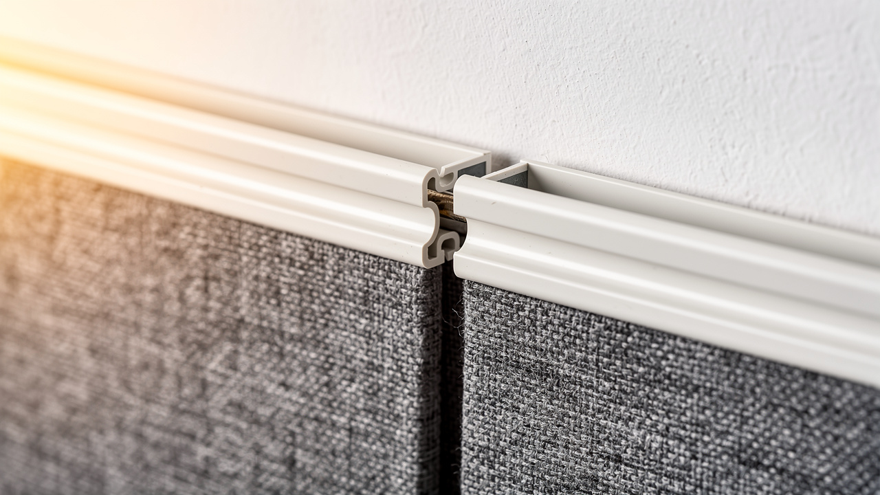 Close-up of PVC H-profile joiner between acoustic wall panels
