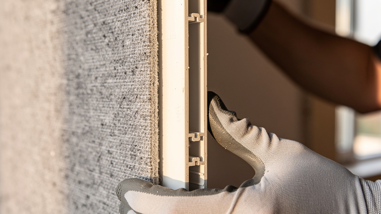 Close-up of acoustic panel sliding into PVC profile track