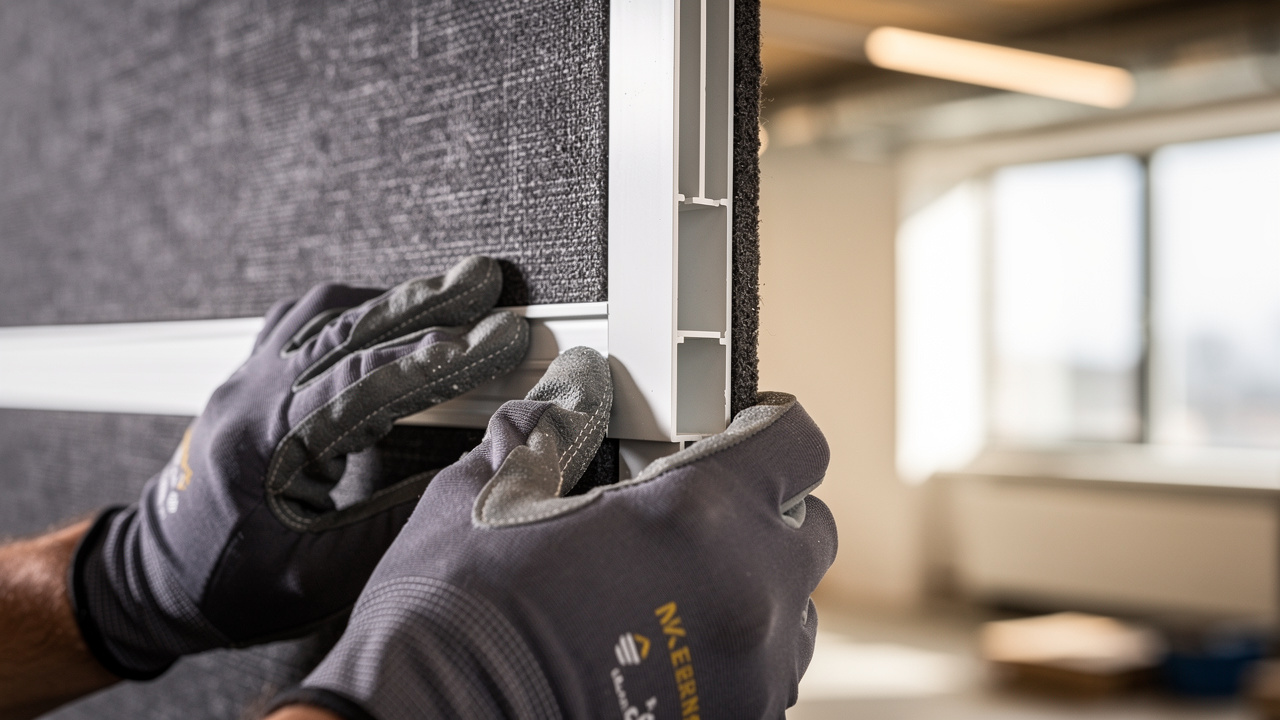 Close-up of acoustic panel sliding into PVC U-channel track