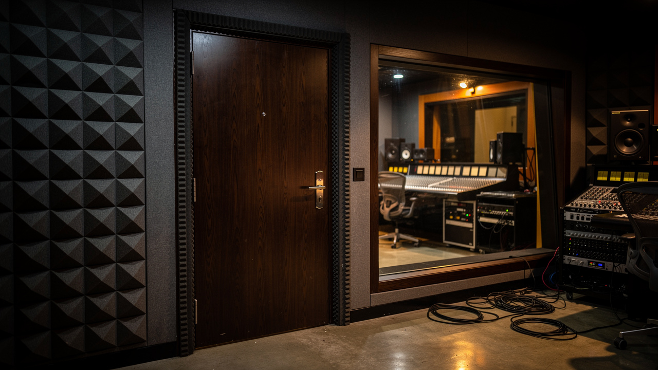 Wooden acoustic door in a professional recording studio control room