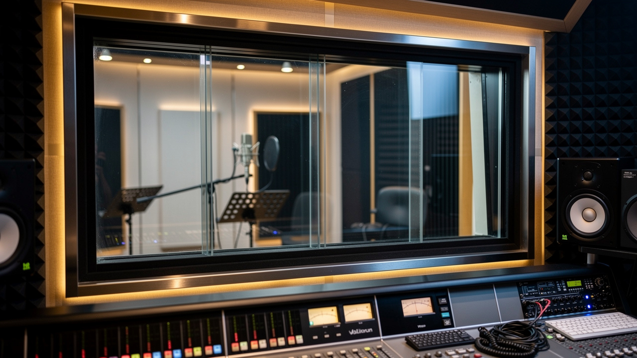 Recording studio control room with thick acoustic laminated glass