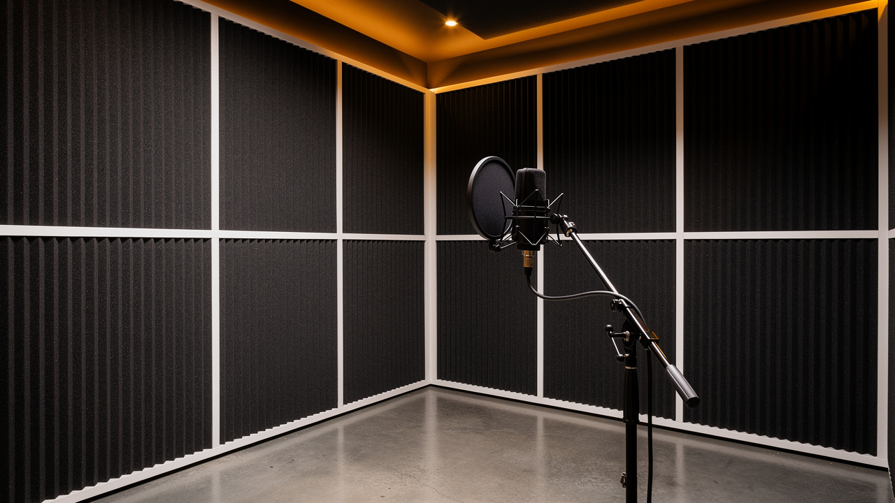 Recording studio acoustic panels mounted on PVC profile tracks