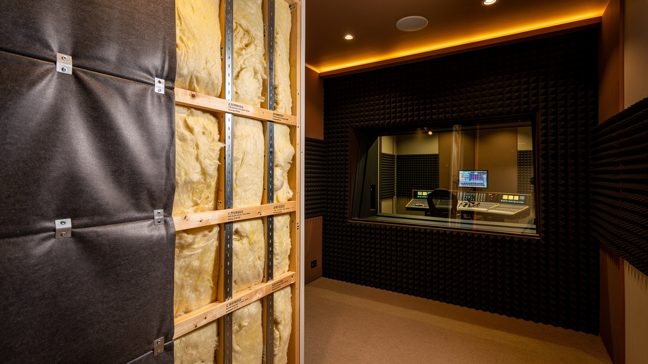 Recording studio acoustic wall with mass loaded vinyl barrier