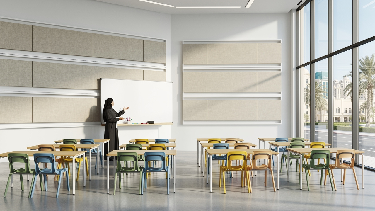 UAE school classroom with acoustic panels mounted in PVC tracks