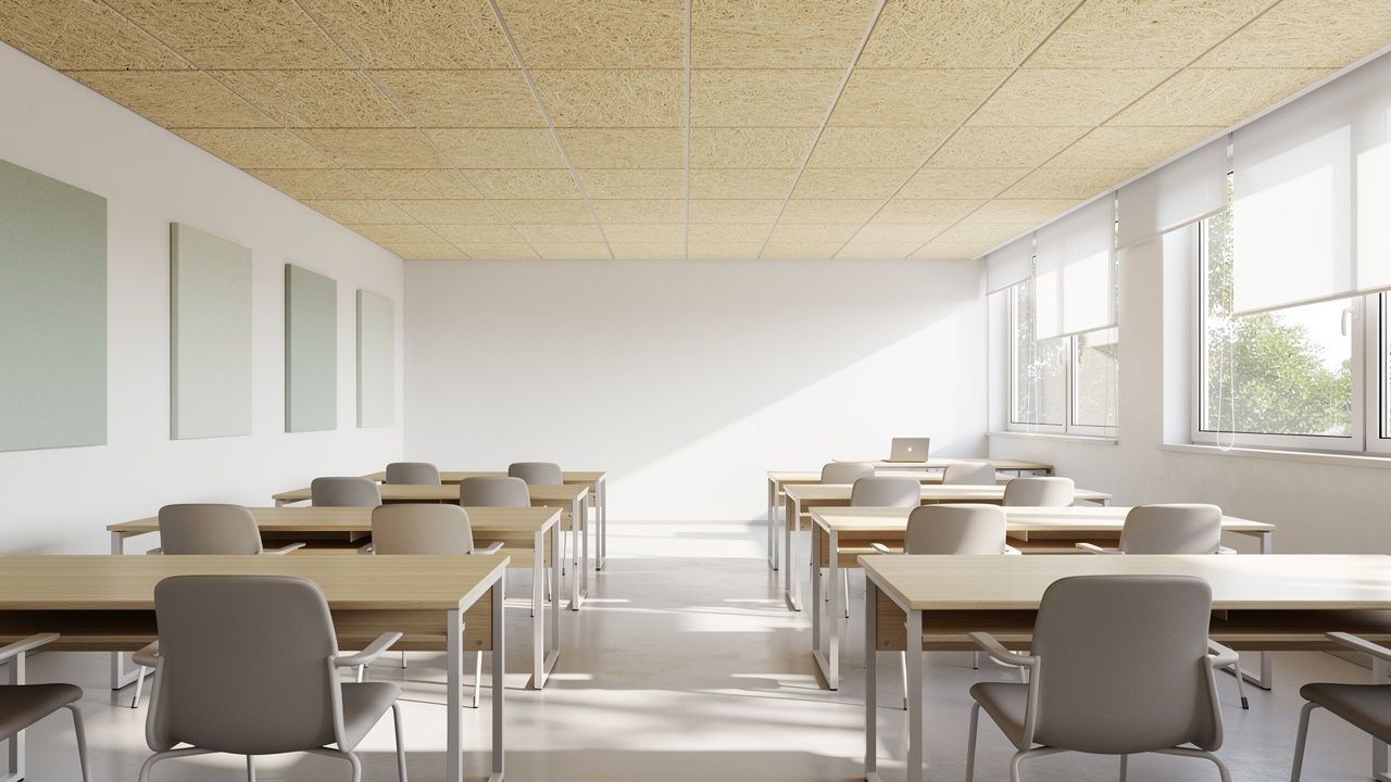 School classroom with acoustic wood wool ceiling panels UAE