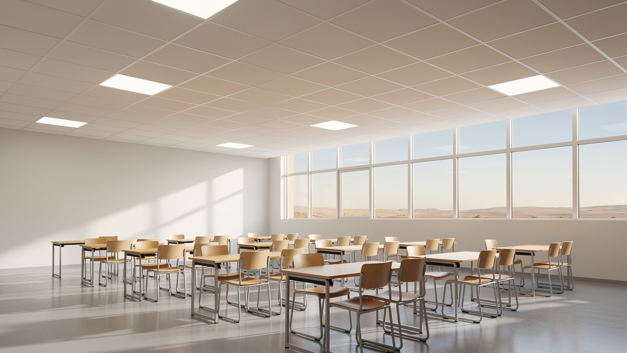 School classroom with PVC grid suspended acoustic ceiling tiles