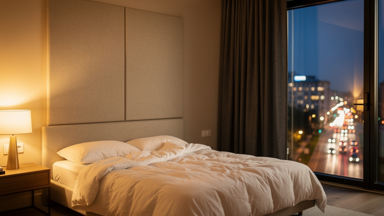 Peaceful soundproofed villa master bedroom with secondary glazing and acoustic panels