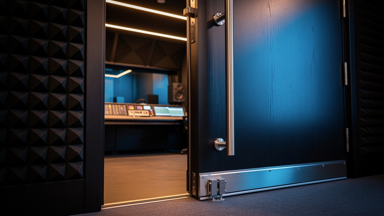 Steel-lined wooden acoustic door in professional broadcast studio