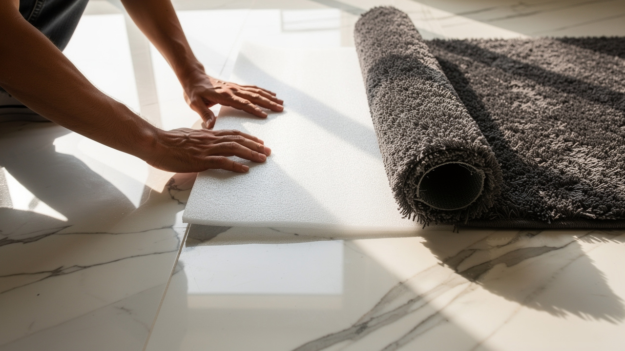 Thick rug and acoustic underlay installed on marble apartment floor