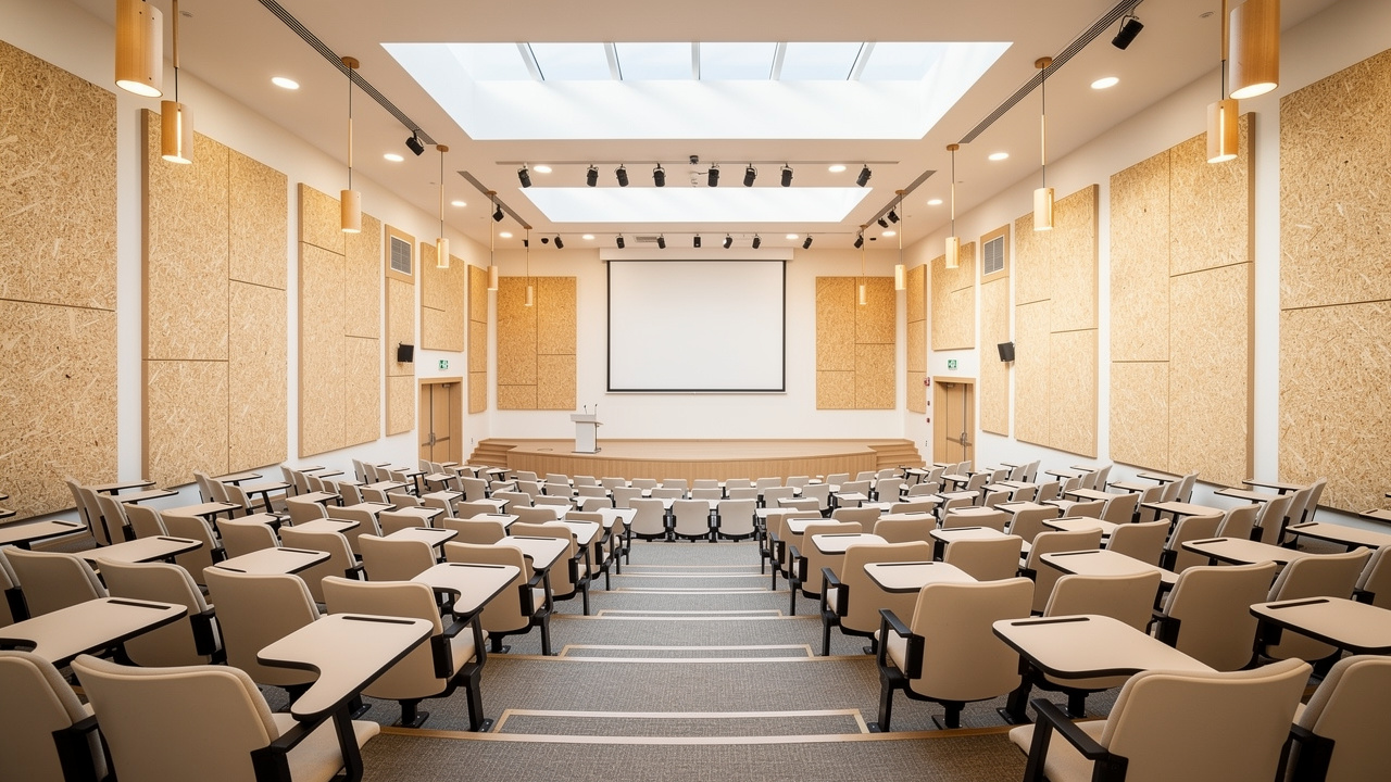 University lecture hall fitted with acoustic wood wool wall panels