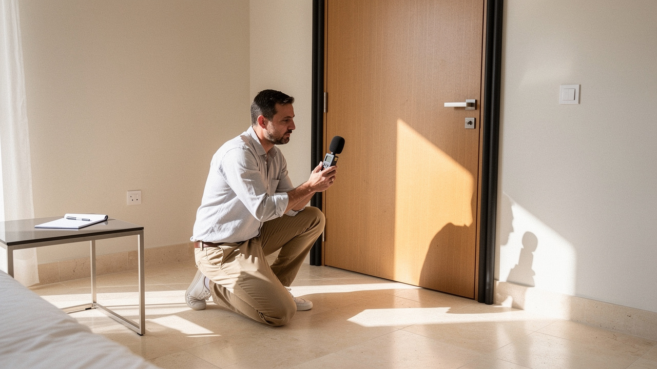 Acoustic specialist conducting sound level assessment in Abu Dhabi villa bedroom
