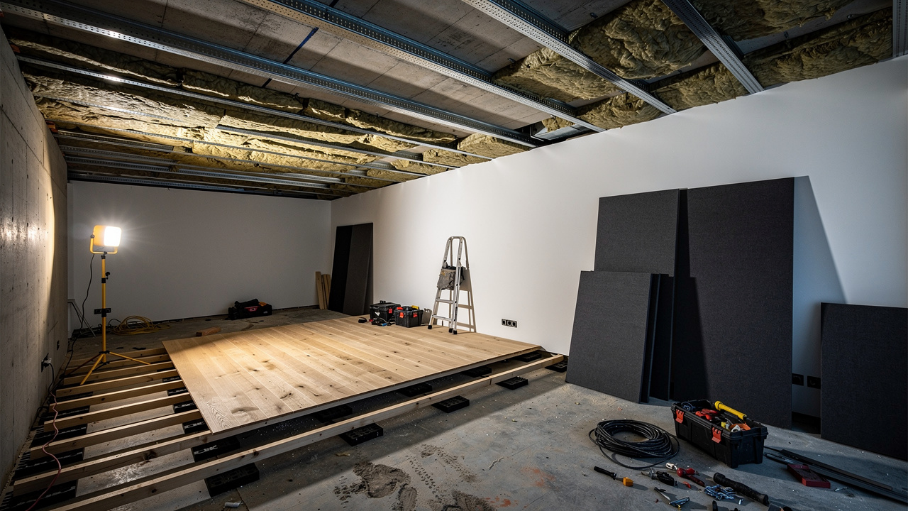 Home theater soundproofing installation with resilient ceiling and floating floor