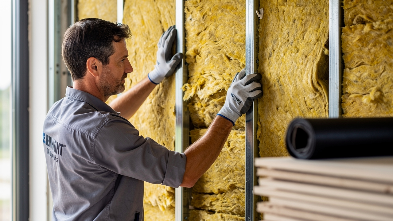 Acoustic installer fitting mineral wool insulation inside villa wall cavity