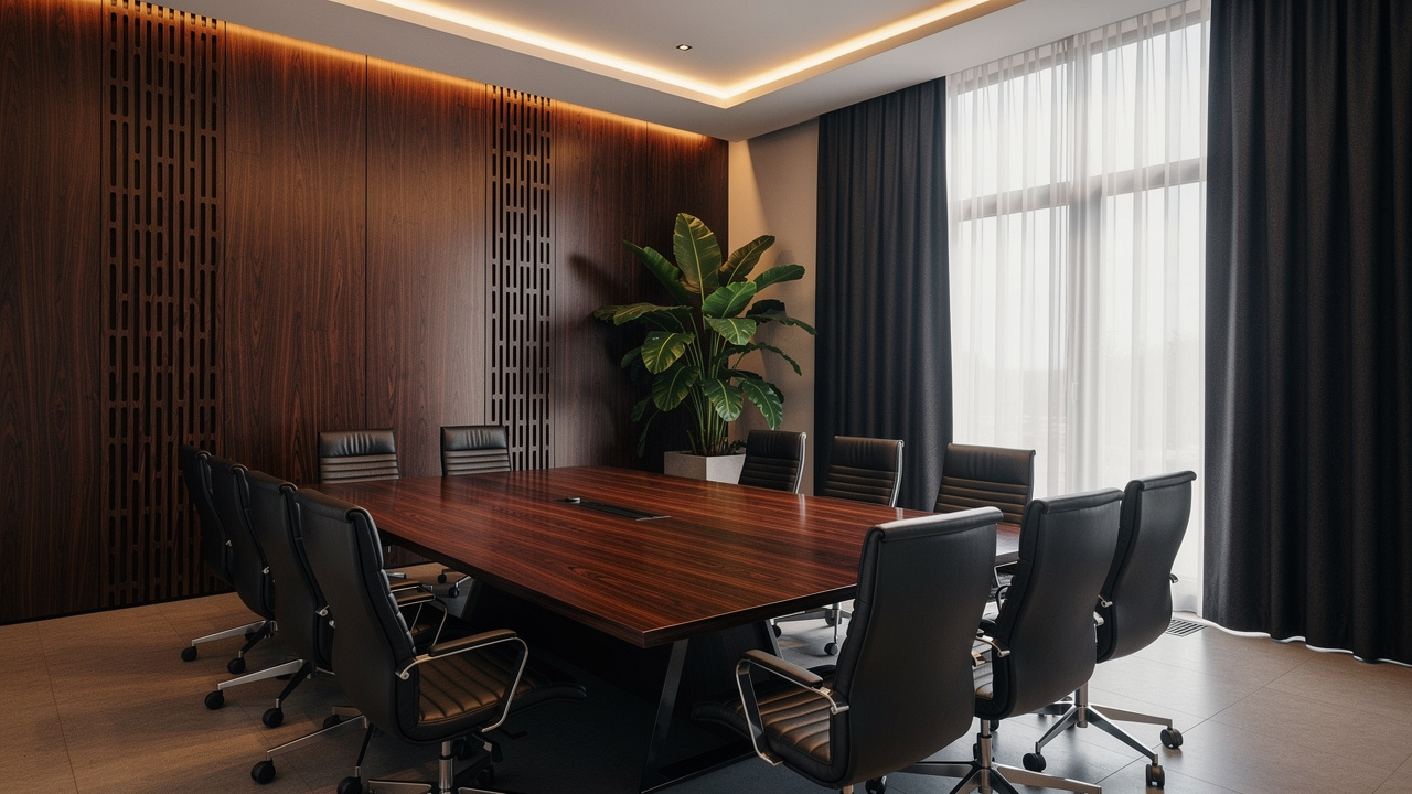 Wood acoustic panels in an upscale hotel boardroom interior