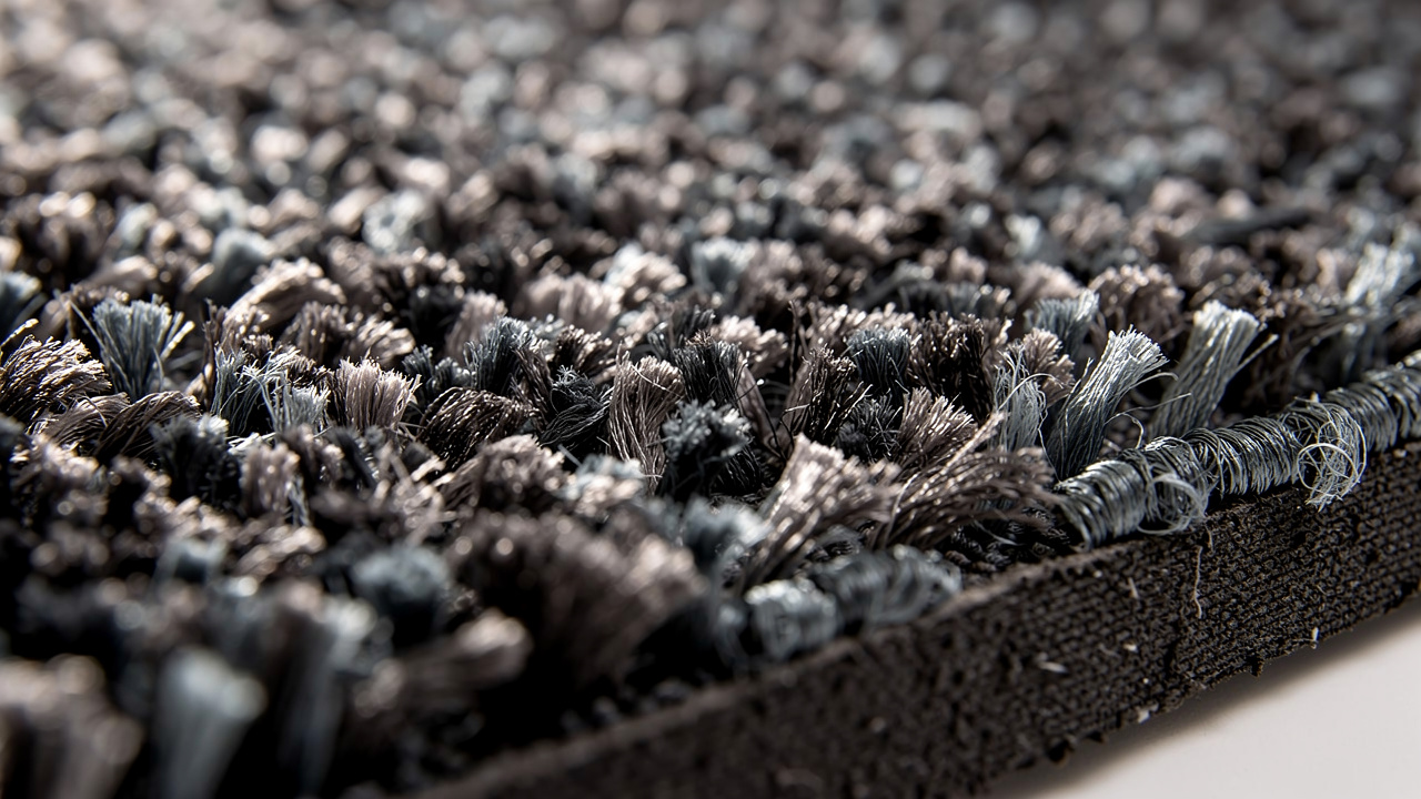Close-up of dense acoustic carpet fibers and rubber backing