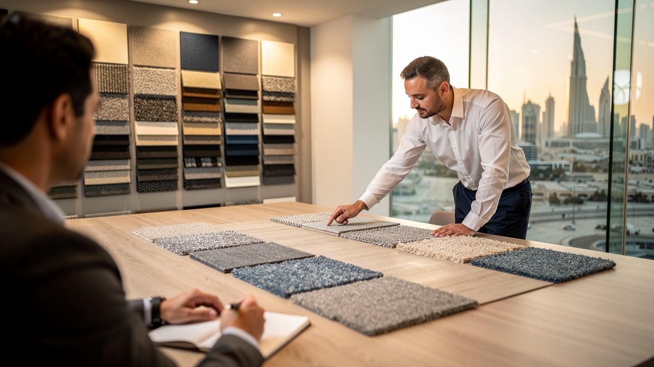 Acoustic carpet specialist consulting with client over material samples