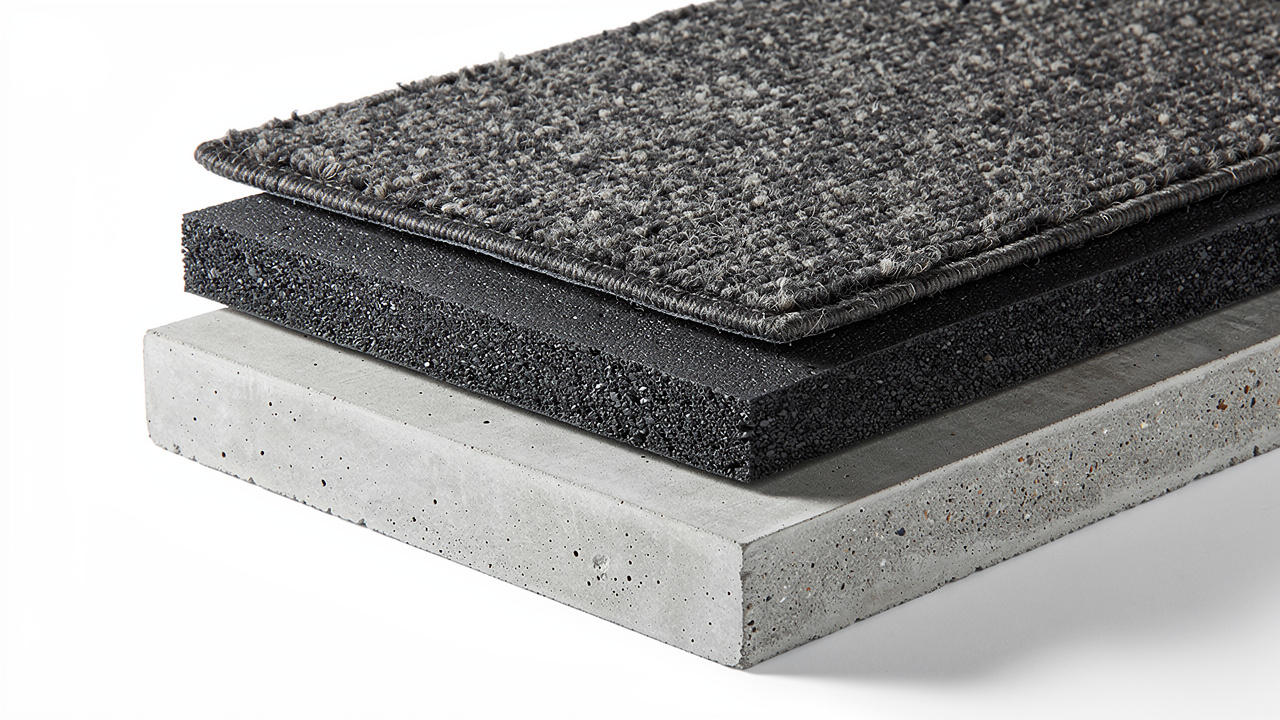Layered cross-section of acoustic carpet and rubber underlay system