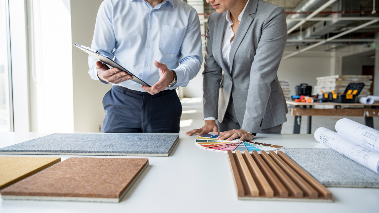 Acoustic consultant and designer reviewing wall panel samples