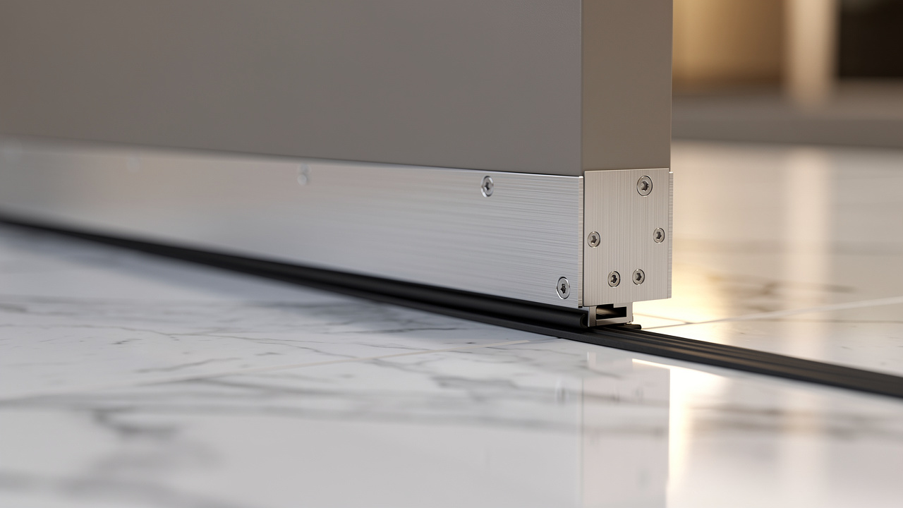 Automatic drop seal pressed against polished marble floor on acoustic door