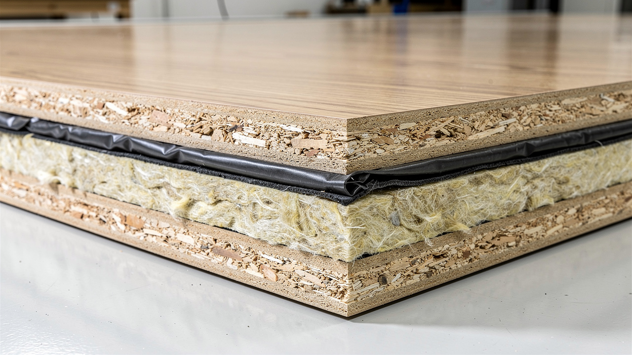 Cross-section of acoustic door showing dense multi-layer core construction
