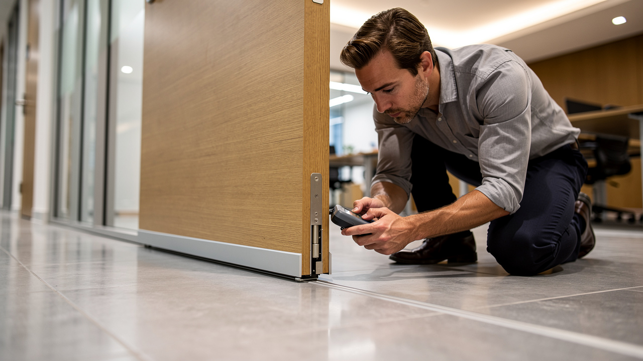 Specialist inspecting acoustic door drop seal in office corridor
