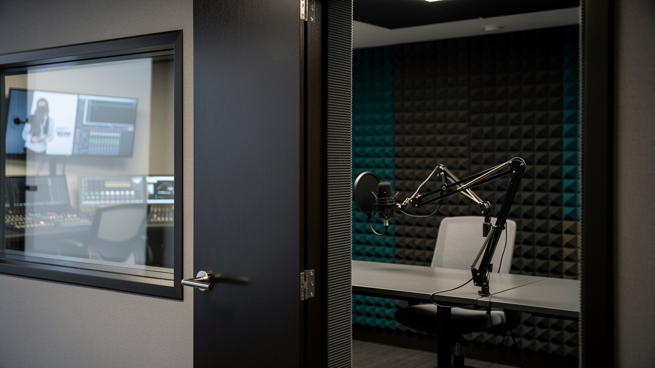 Acoustic door sealing a professional podcast recording studio interior