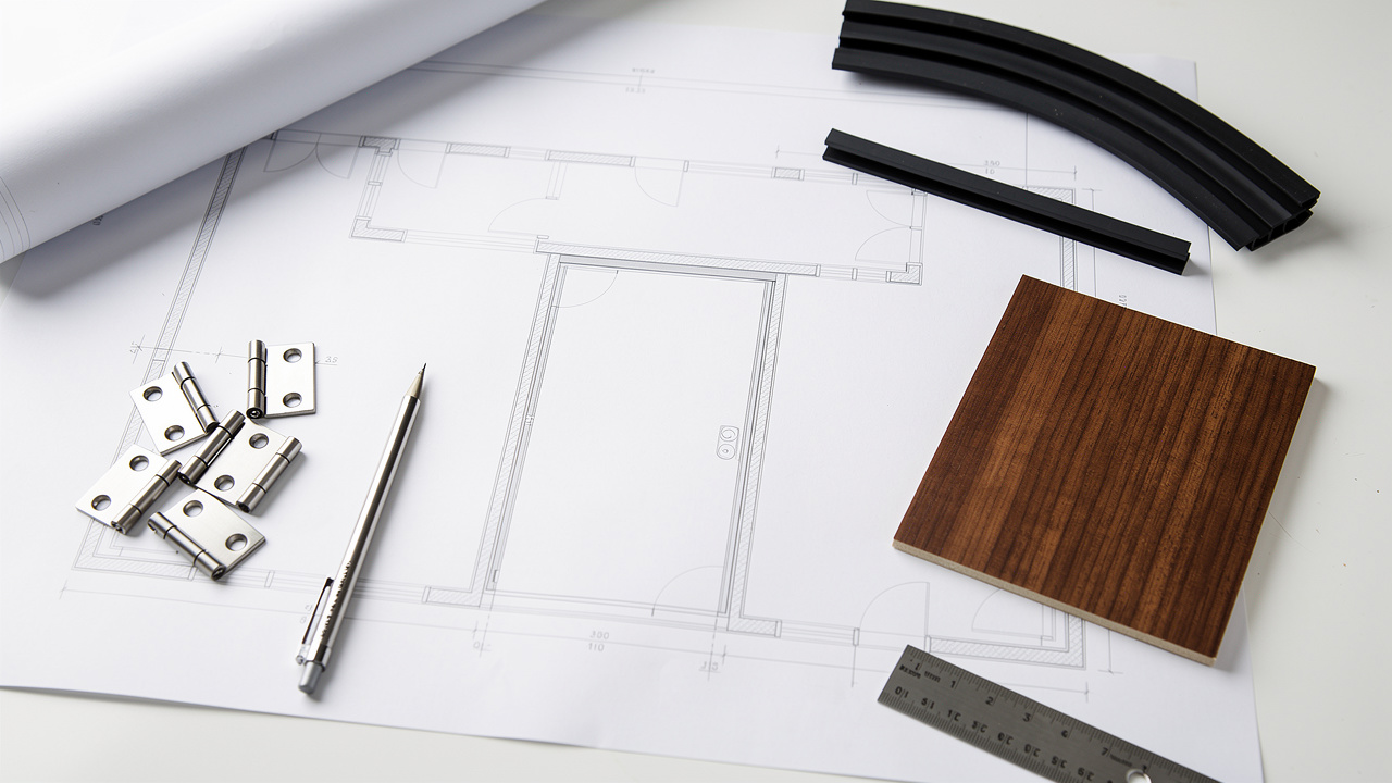 Architect's desk with acoustic door specification materials and samples