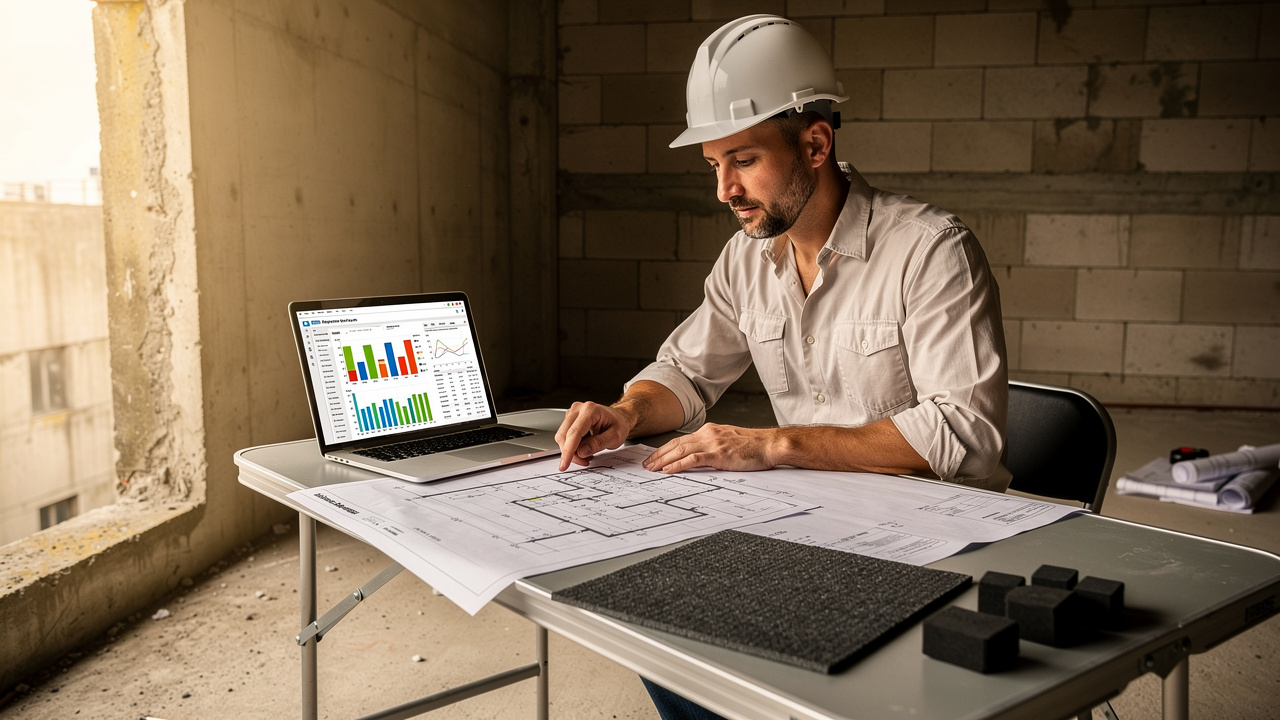 Construction professional reviewing acoustic floor specifications on site