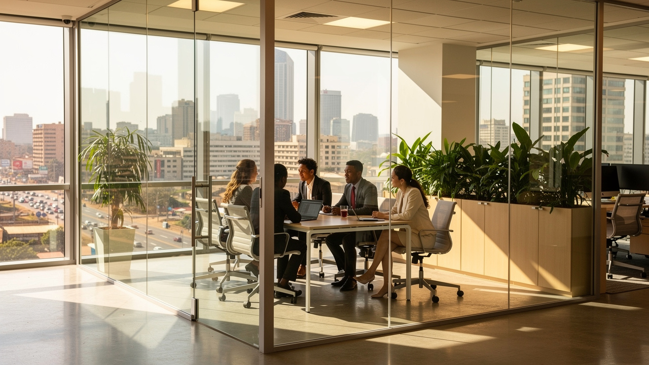 Modern African office with acoustic glass partitions for privacy
