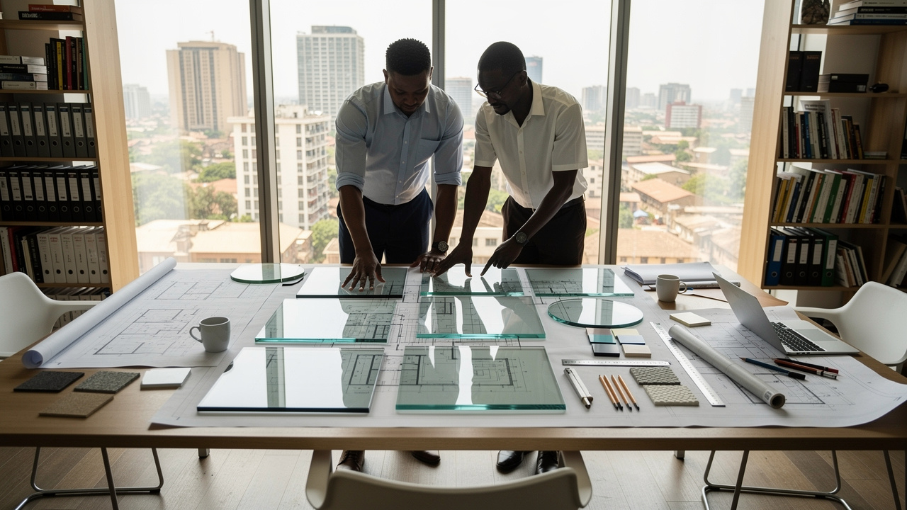 Architects consulting over acoustic glass specifications for urban project