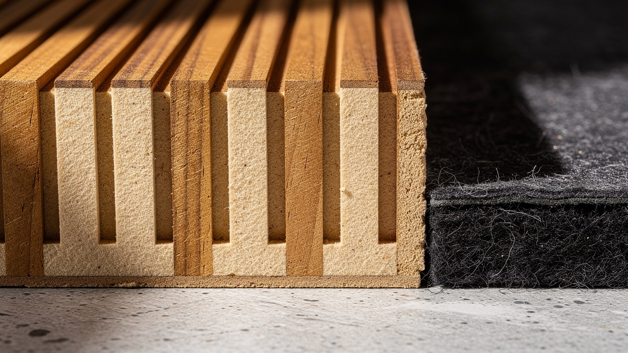 Cross-section view of acoustic groove panel showing internal layers