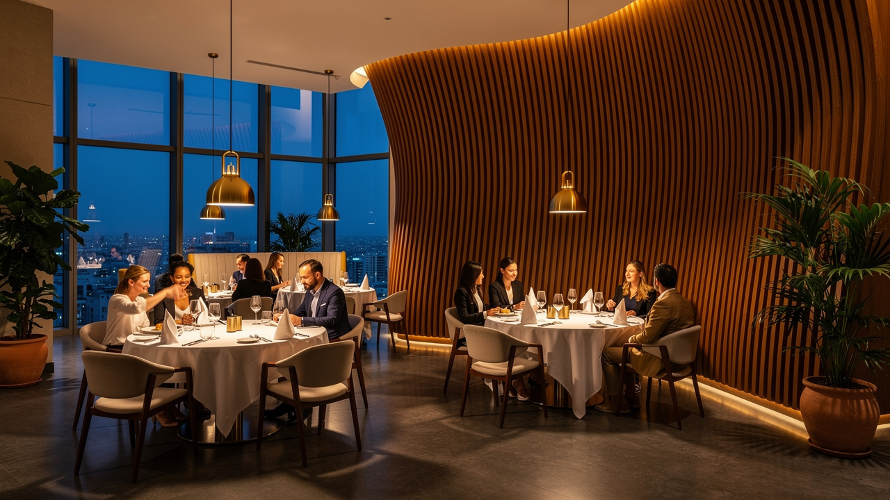 Acoustic groove panels installed in a luxury hotel restaurant
