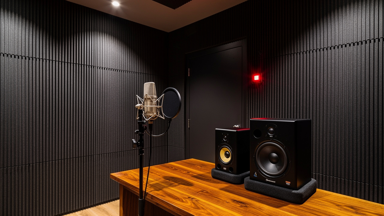 Recording studio with full acoustic groove panel wall coverage