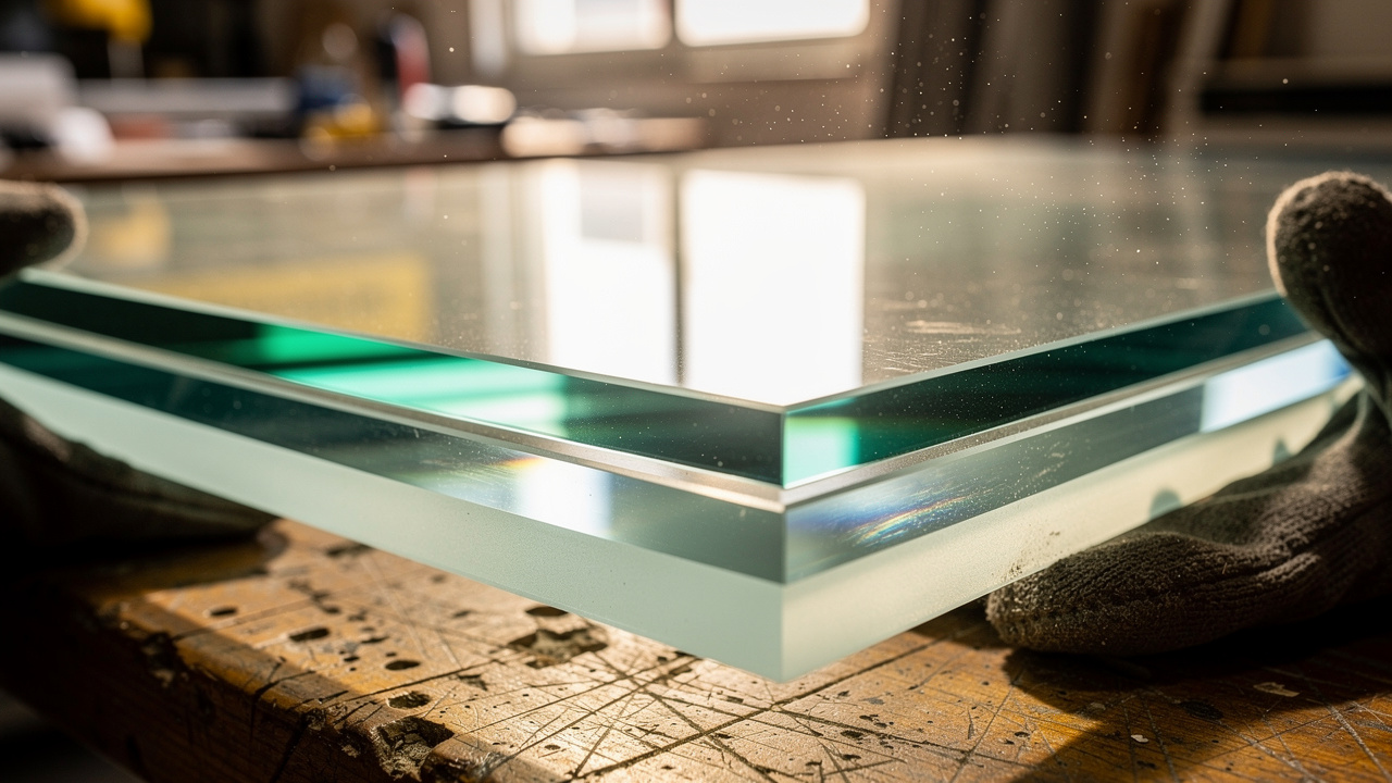 Close-up of acoustic laminated glass interlayer construction detail
