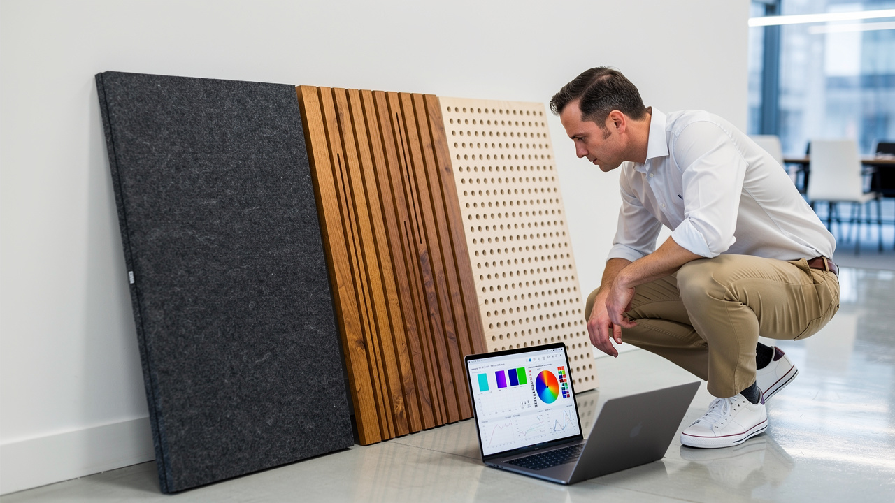 Acoustic consultant comparing PET and wood panel samples for project