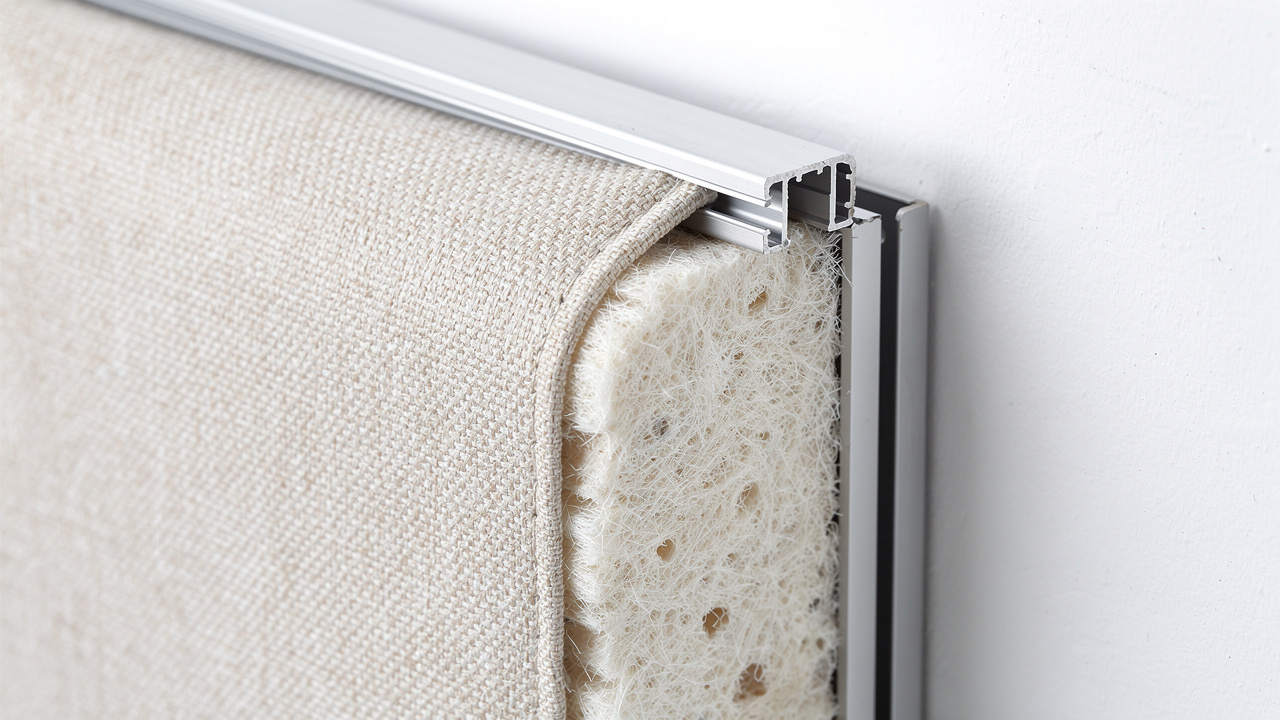 Close-up cross-section of acoustic panel with aluminum track and mineral wool core