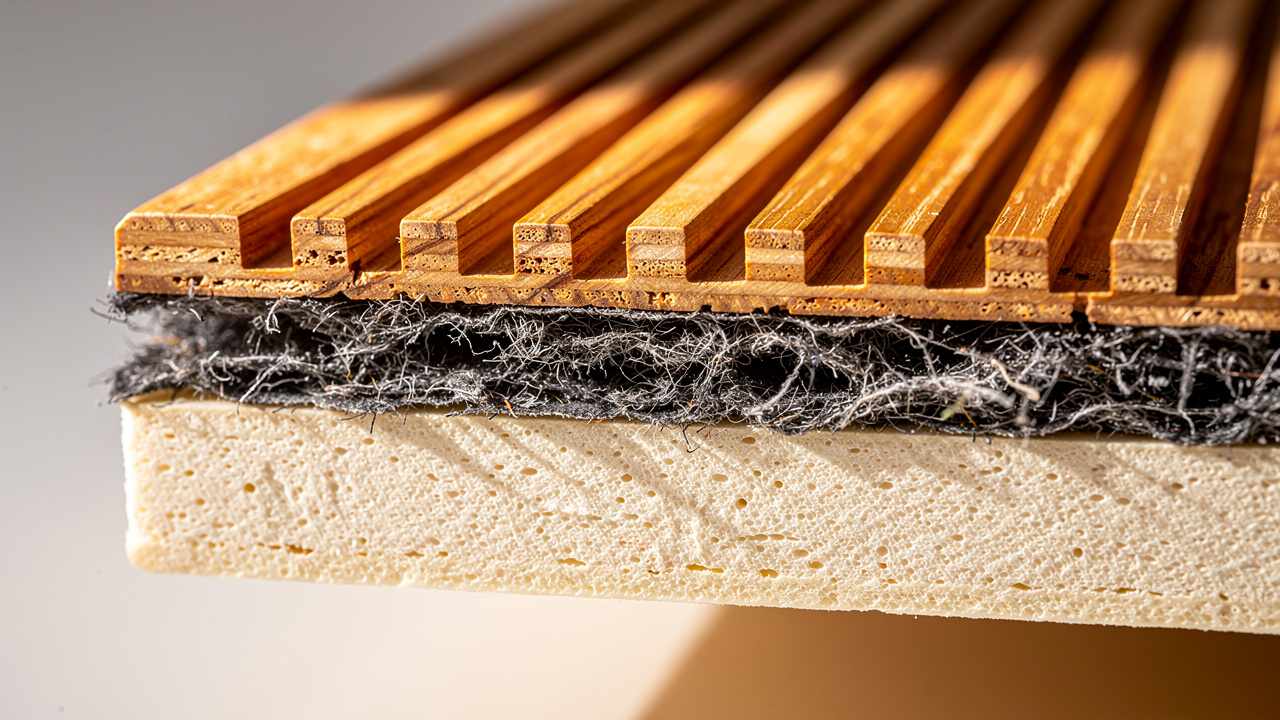 Close-up cross-section of acoustic wooden panel layers
