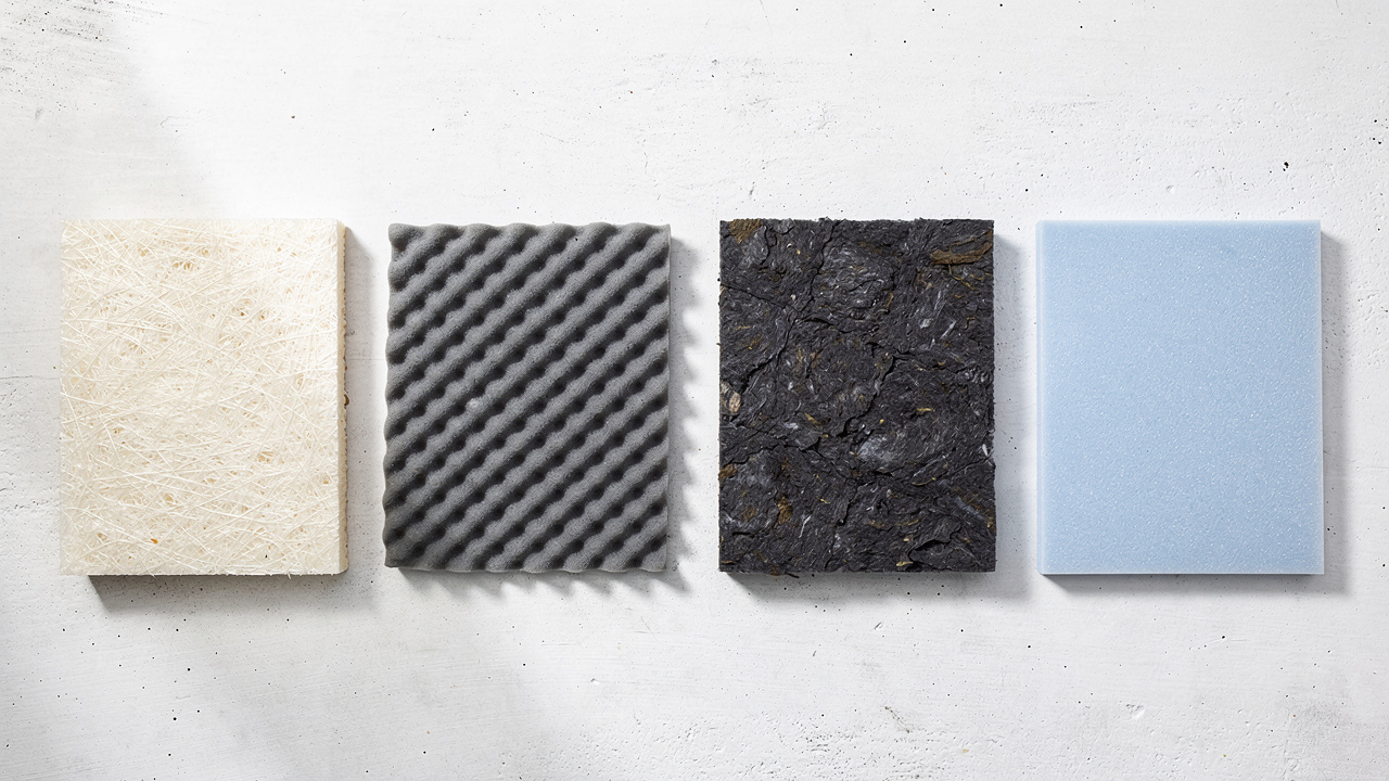 Side-by-side comparison of fiberglass foam Rockwool and PET acoustic panels